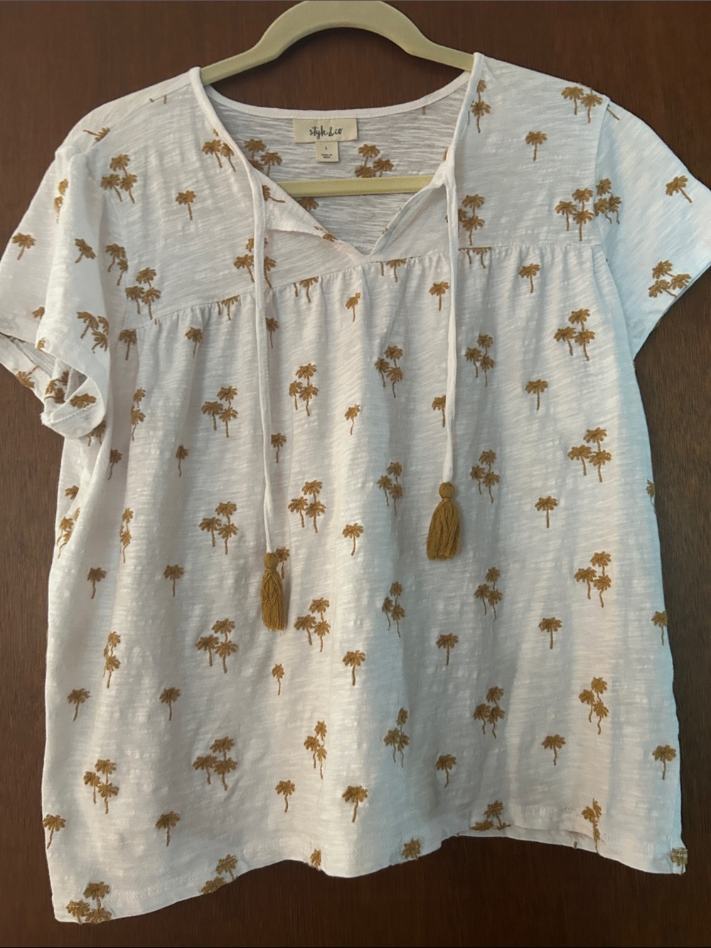 Style & Co White Palm-Print Tassel Tie Short Sleeve Blouse